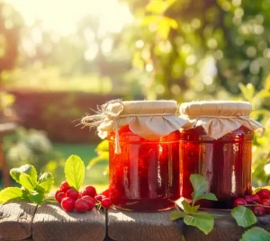 Jarras de conservas de frutos rojos sobre mesa de madera en Termas Aguas Calientes