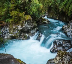 Río con rocas y puente colgante en Parque Nacional Puyehue, aguas termales ricas en minerales